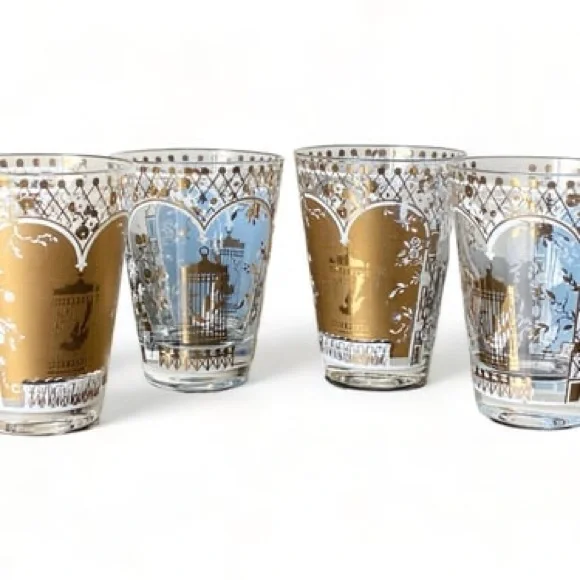 Vintage MCM 22 Karat Gold Rocks Glasses Blue Birdcage Set of 4 Georges Briard - Picture 1 of 14